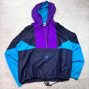 Vintage 90s Champion Packable Anorak Windbreaker Medium Purple Teal Colorblock